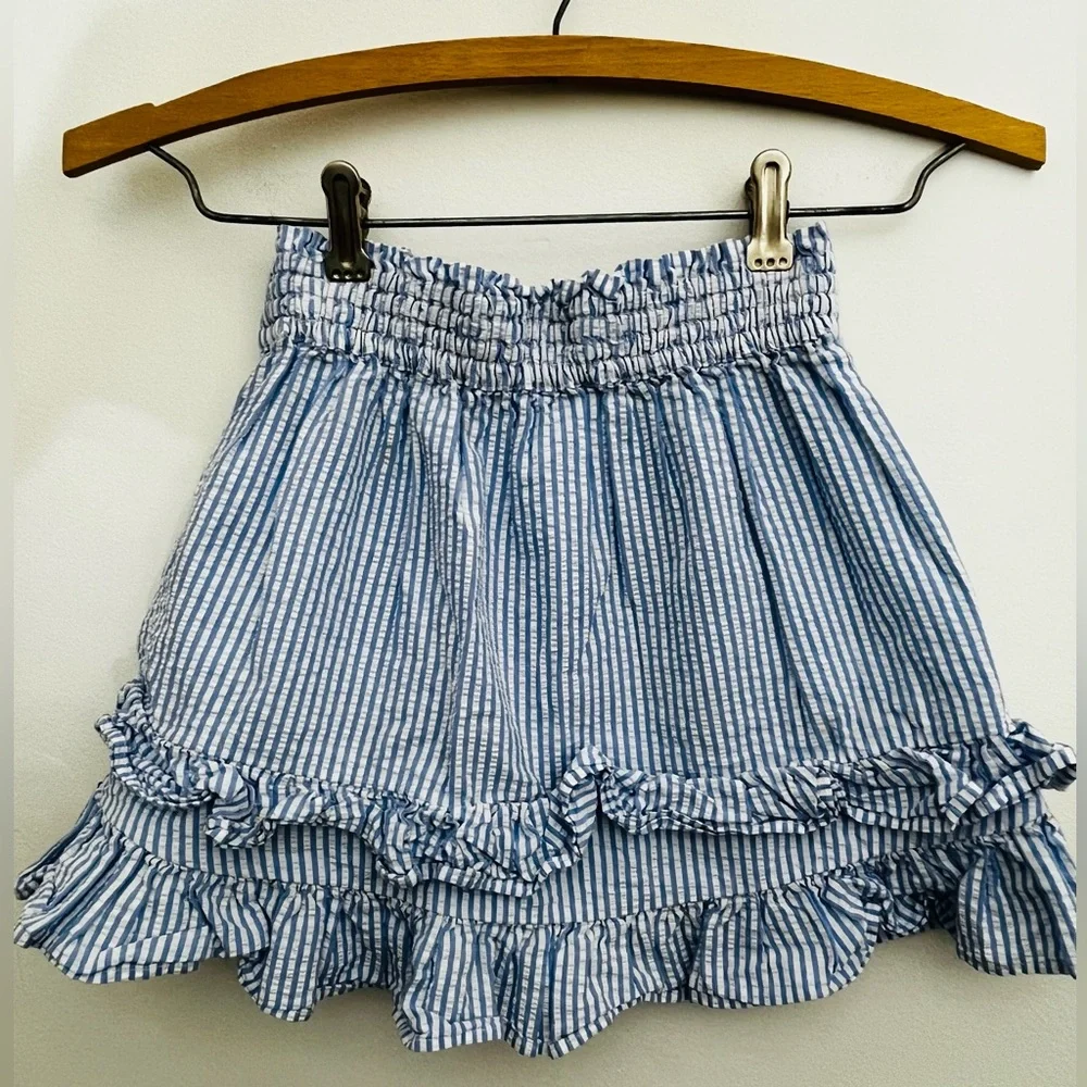 Crewcuts Girls 8 Blue White Stripe Ruffle Skirt Elastic Waist Tiered Cotton - Picture 3 of 5